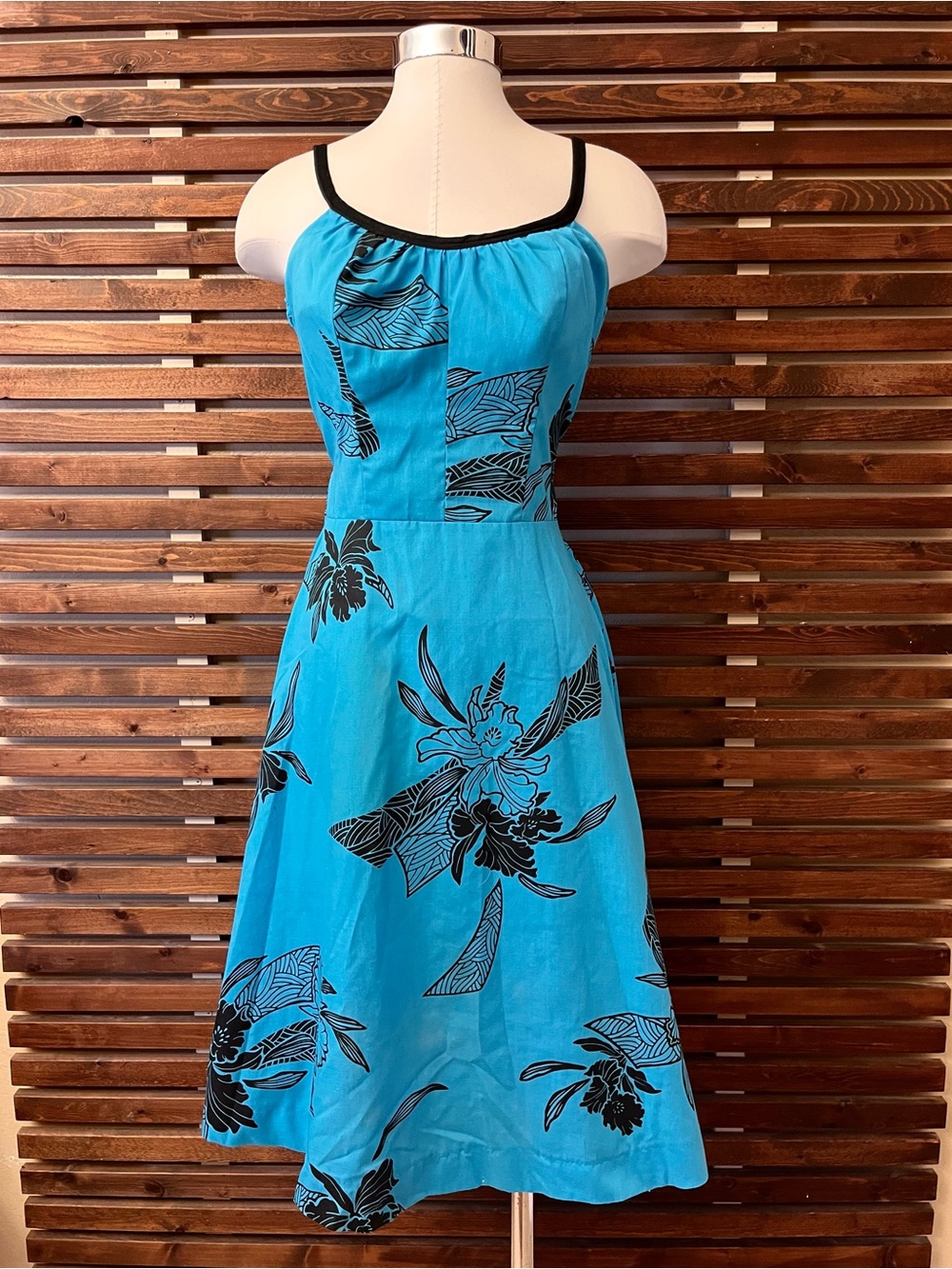 Vintage 1960s 1970s Blue Turquoise Black Print Spaghetti Strap Hawaiian Dress